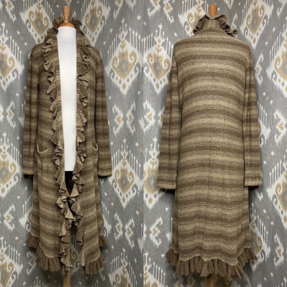 Ralph Lauren Olive Stripe Blanket Stitch Silk Hand Knit Ruffle CardiCoat - Picture 6 of 15